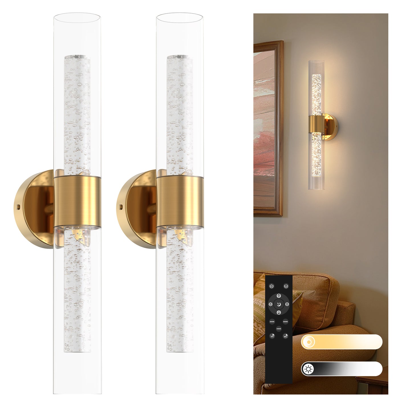 YANSUN 2-Pack Bubble Acrylic Copper LED Wall Sconce Remote Control Remote Timer Dimmable Wall Light for Living Room Hallway