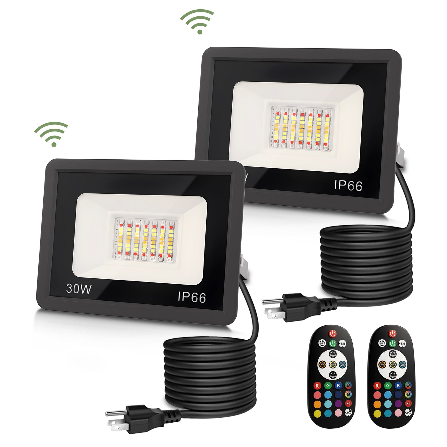 YANSUN 2-Pack RGBCW Light-Sensing Outdoor Flood Light, Black Graphene Housing, IP66 Waterproof, 120V, 3ft UL-Certified Power Cord