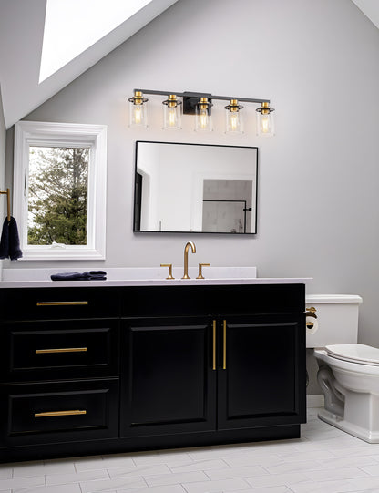 YANSUN 34 in. 5-Light Black and Gold Bathroom Vanity Light Fixture with Clear Glass Shades for Over Mirror