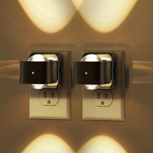 YANSUN 2W Integrated LED Plug-In Night Light, Black Short Square Cylinder Lens, Warm 3000K, Up & Down Beam, 2-Pack