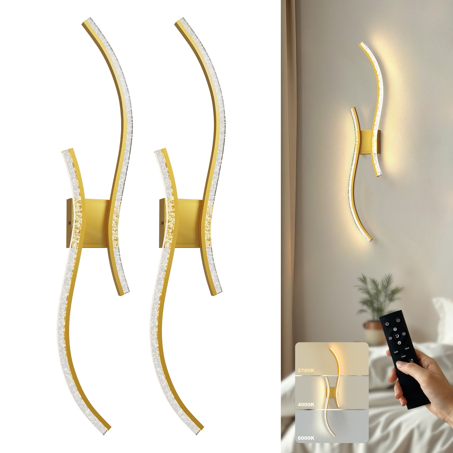 YANSUN 2-Pack Dual Wave Wall Lights, LED Built-in, 5W, 2700K-6000K, Remote Control, U.S. Two-Prong Plug, Type-C USB