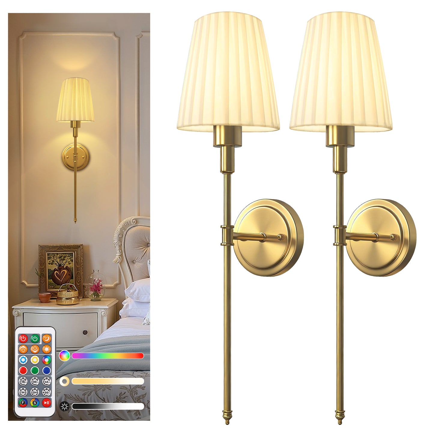 YANSUN Set of 2 Fabric Shade Wall Sconces with Adjustable Color Lighting, Brushed Copper Finish, Modern Indoor Wall Light (9.8in)
