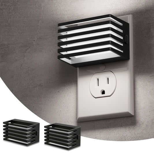 YANSUN 2-Pack 1W Plug-In Dusk to Dawn Night Light, Black Fence Design, White 5000K LED, 3-Level Button Dimmer, US 2-Prong Plug