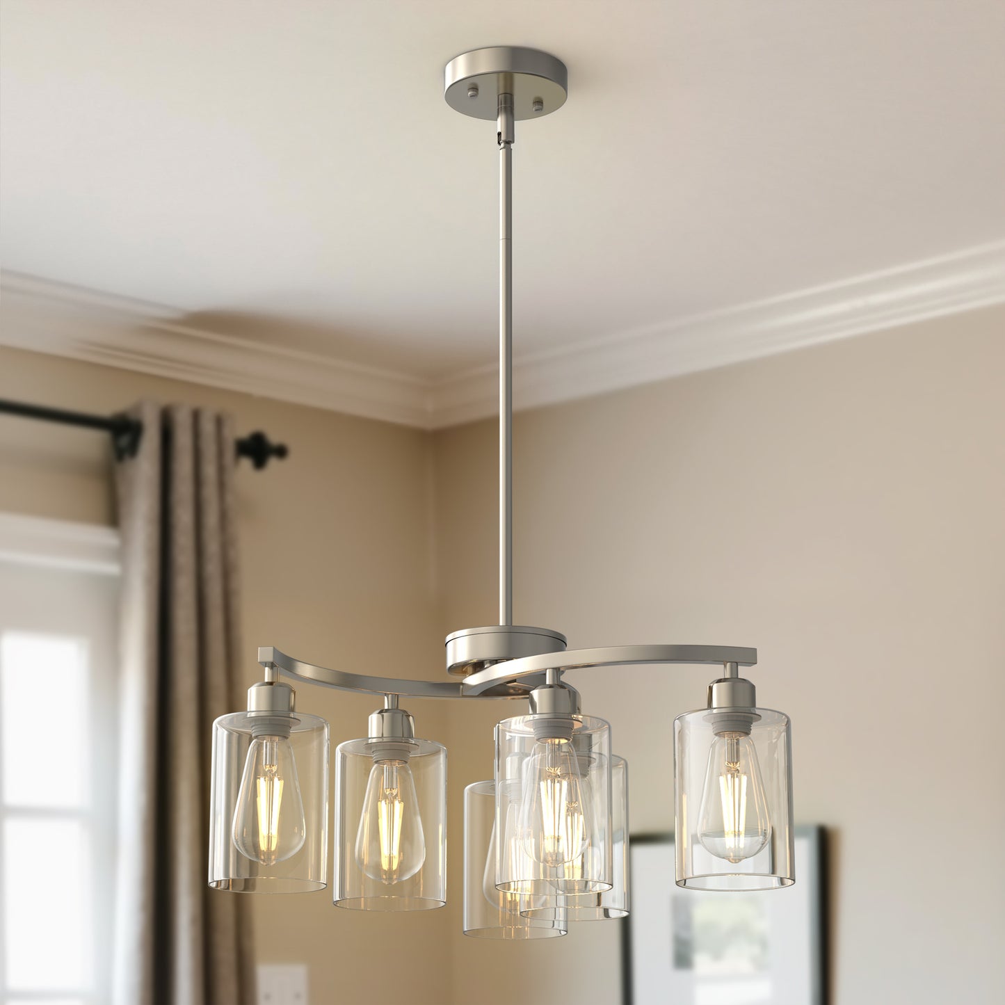 YANSUN 6-Light Brushed Nickel Chandelier Pendant Light with Curved Arms and Glass Shades E26 Ceiling Fixture for Dining Room