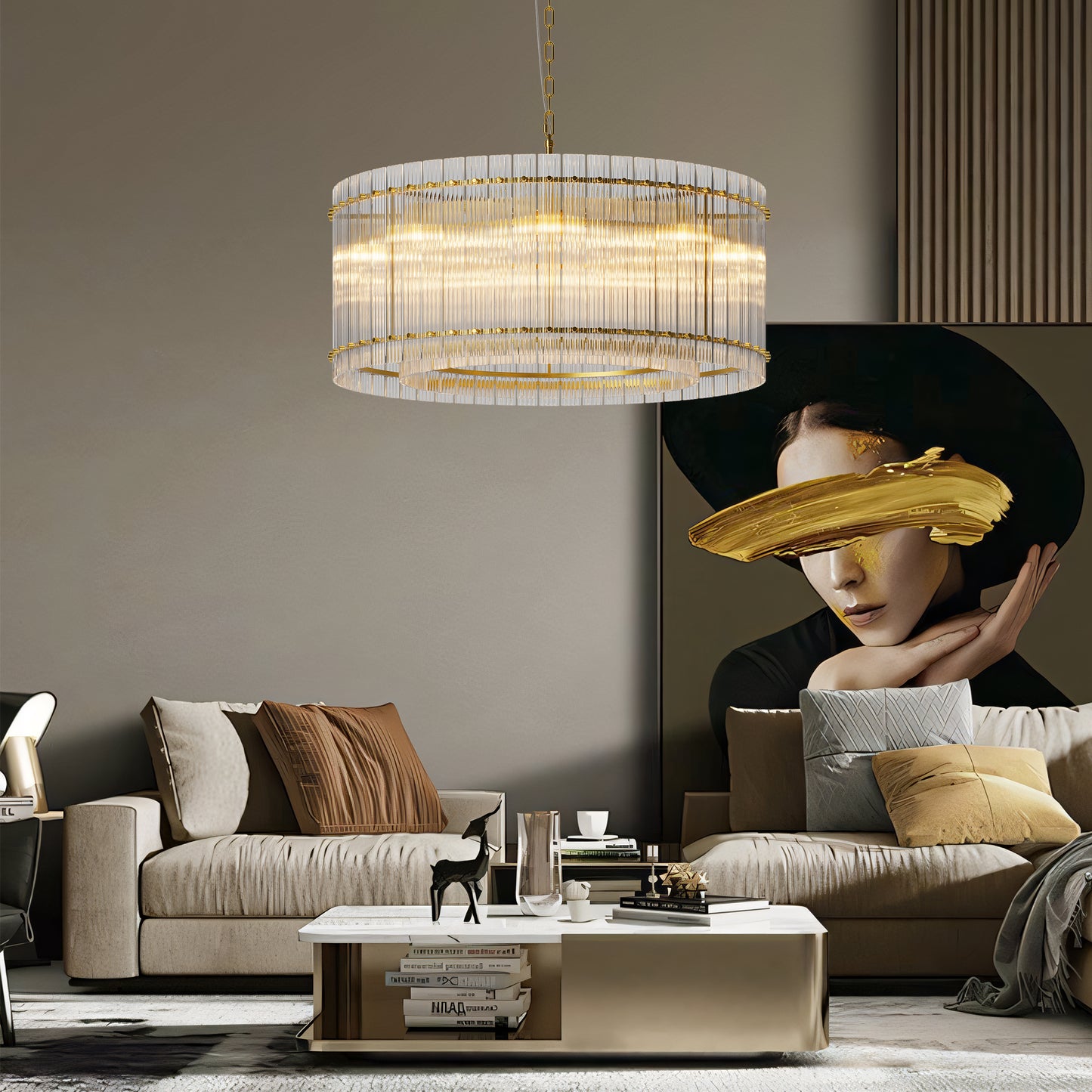 YANSUN 37in. Gold 2-Tier 8-Light Water Ripple Crystal Chandelier Modern Ceiling Light for Dining Room Living Room Bedroom Foyer High Ceiling