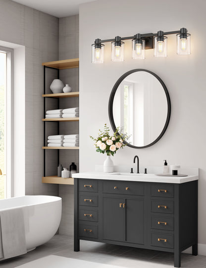 YANSUN 32 in. 5-Light Black Metal Vanity Light with Clear Glass Shade and No Bulbs Included