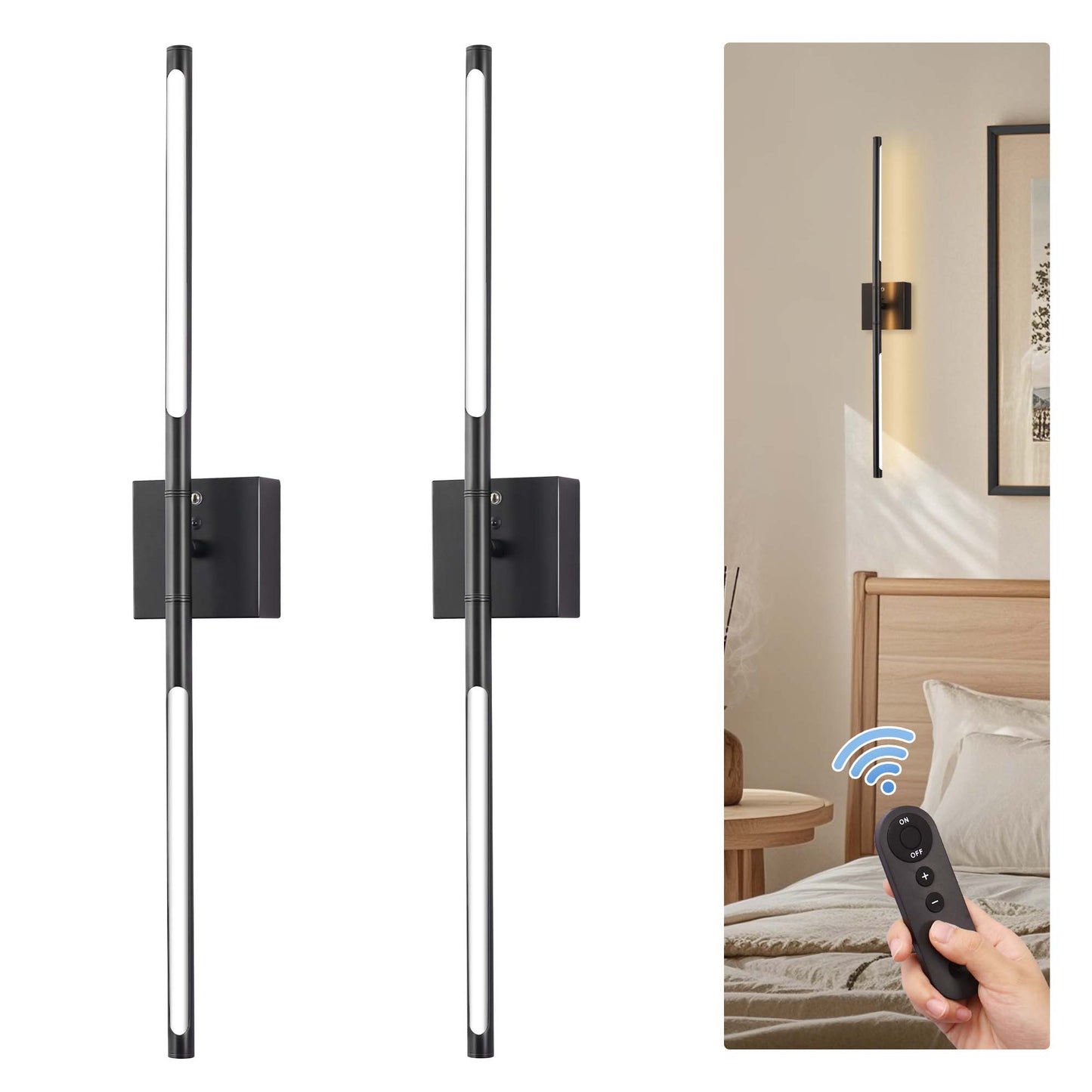 YANSUN 2-Light Black Dimmable Integrated LED Wall Sconce with Remote Control for Living Room and Bedroom or Hallway (2-Pack)