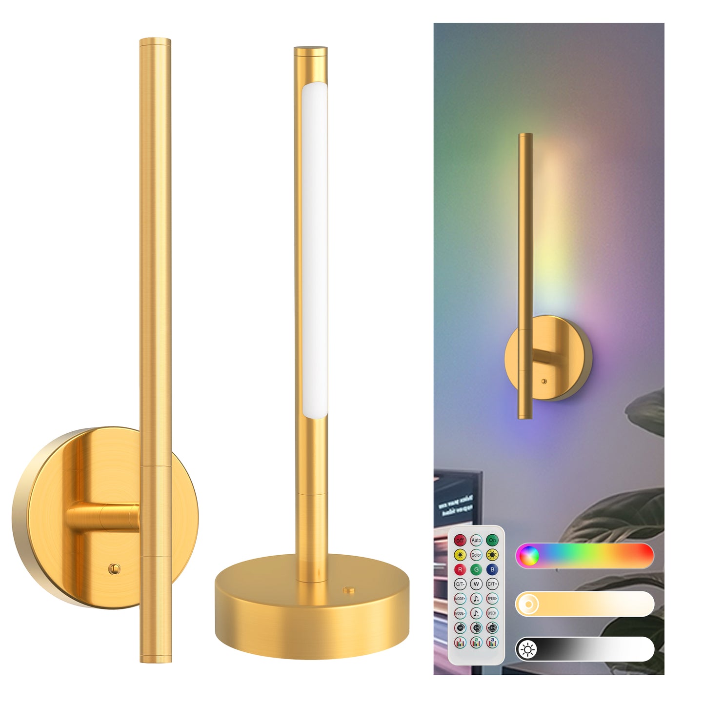 YANSUN 2-Pack 5W LED Wall Light, RGB + CW, Metal Electroplated Copper, 40cm, USB Type-C, Remote Control, APP & Timer Function
