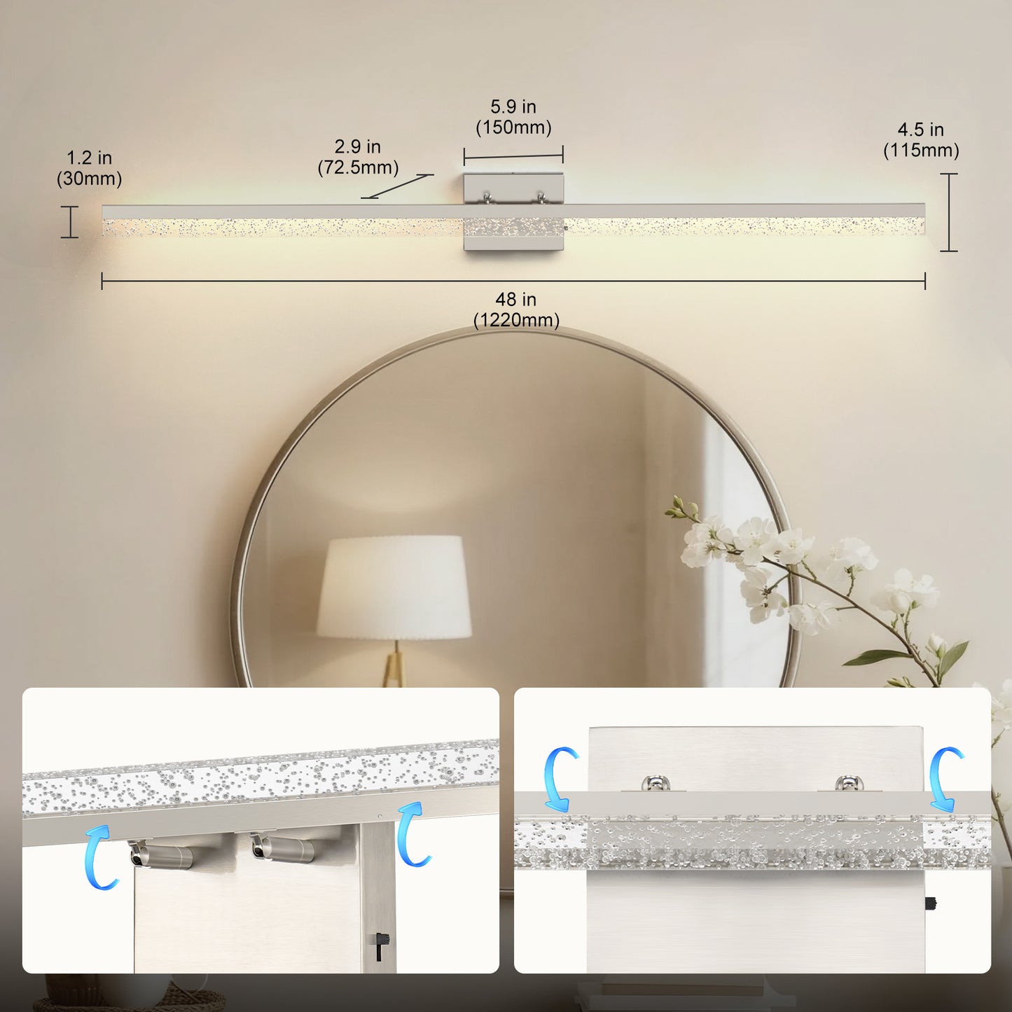 YANSUN 48 in Modern LED Vanity Light with Bubble Acrylic Diffuser, Sand Nickel Finish, Integrated LED, 3CCT Dimmable