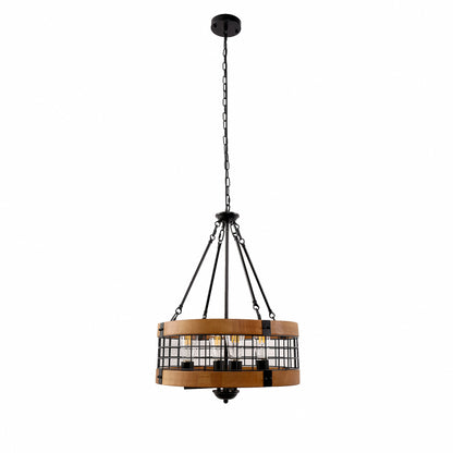 YANSUN 4-Light Matte Black Brown Drum Chandelier Industrial Metal Mesh Pendant Light Fixture E26