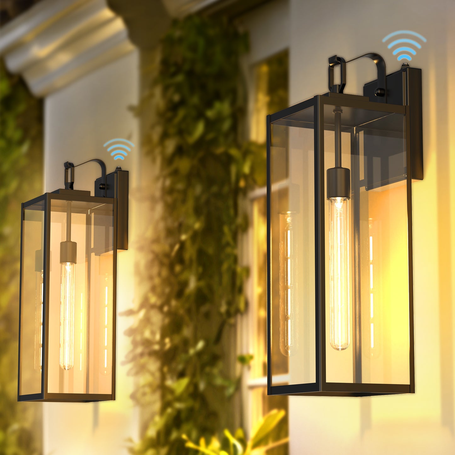 YANSUN Set of 2 Outdoor Wall Lanterns with Clear Glass Shade, Dusk-to-Dawn Sensor and 4 T30-225 Bbs, E26 Socket, 20 In. Height