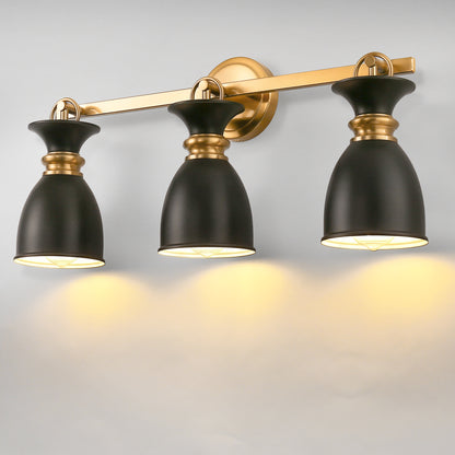 YANSUN 25 in. 3-Light Black and Gold Vanity Light with Black Cone Metal Shade Wall Sconce for Bathroom Vanity and Hallway