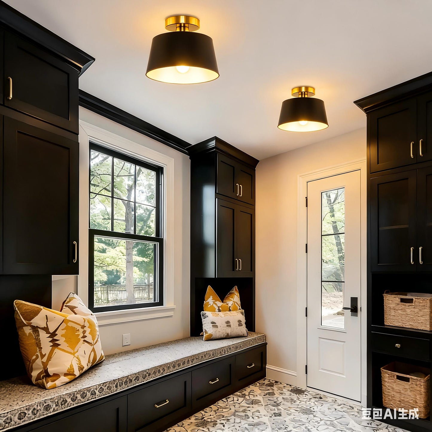 YANSUN 9.8 in. 1-Light Matte Black and Gold Bowl Semi-Flush Mount Ceiling Light, E26 Base, for Foyer or Kitchen (2-Pack)