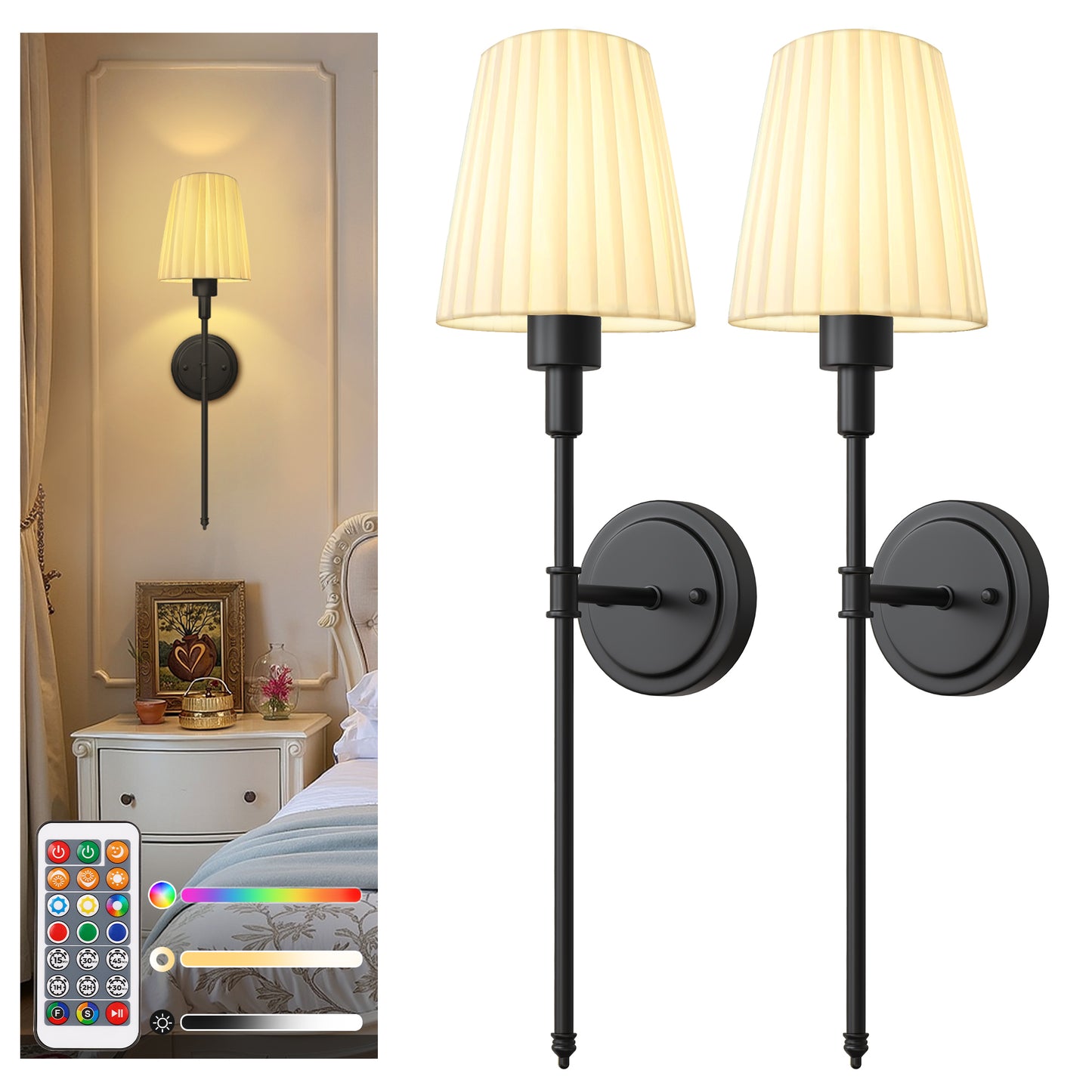 YANSUN Set of 2 Fabric Shade Wall Sconces with Adjustable Color Lighting, Matte Black Finish, Modern Indoor Wall Light (9.8in)