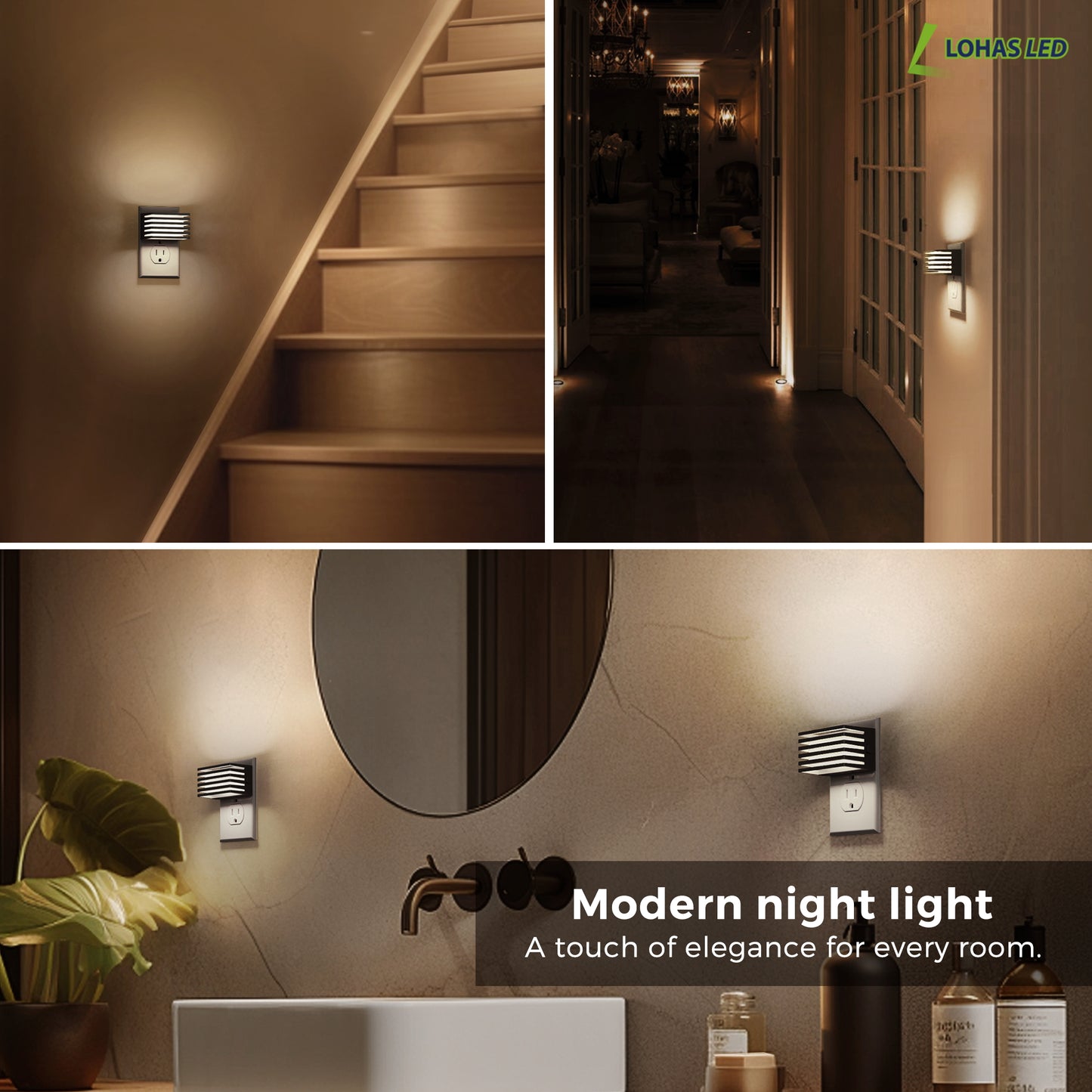 YANSUN 2-Pack 1W Plug-In Dusk to Dawn Night Light, Black Fence Design, White 5000K LED, 3-Level Button Dimmer, US 2-Prong Plug