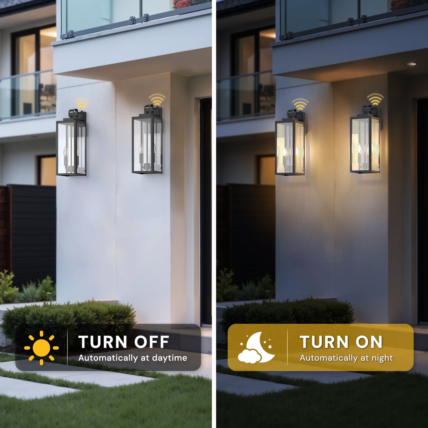 YANSUN 2-Pack Black Lantern Outdoor Wall Sconce with Motion Sensor and Clear Glass, E26 Base, IP23, No Bulbs Included