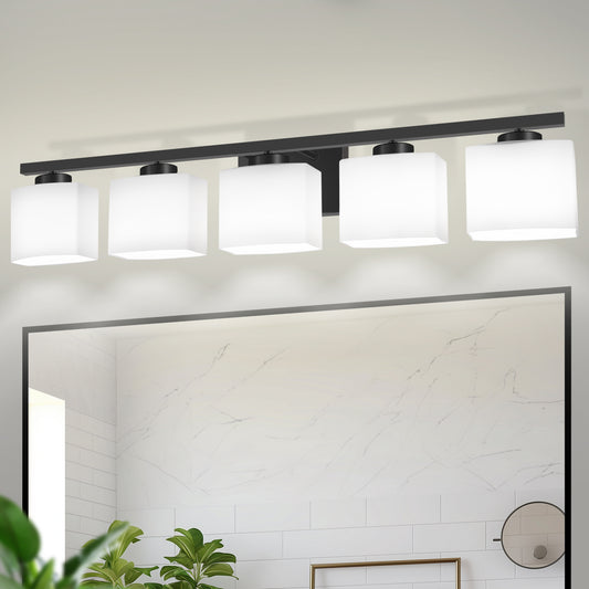 YANSUN 40 in. 5 Light Matte Black Vanity Light with White Glass Shades for Bathroom and No Bulbs Included