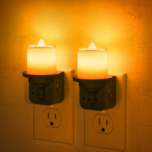 YANSUN 2-Pack 1W Plug-in Candle Night Light, Amber 1600K, Slide Dimmer, Black Base, US Plug, Light-Controlled