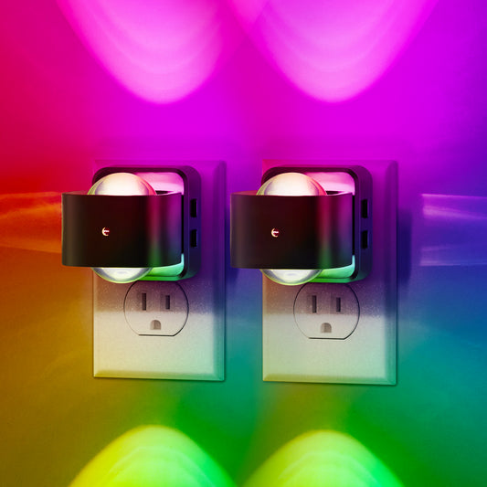 YANSUN 2W Color Changing Cylinder Integrated LED Plug-In Night Light, Black, Amber+RGB+Gradient, Up & Down Beam, 2-Pack