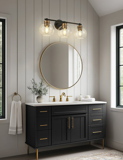 YANSUN 22 in. 3-Light Black and Gold for Bathroom Vanity Light with Clear Glass Shades Wall Sconce