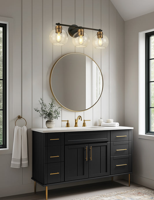YANSUN 22 in. 3-Light Black and Gold for Bathroom Vanity Light with Clear Glass Shades Wall Sconce