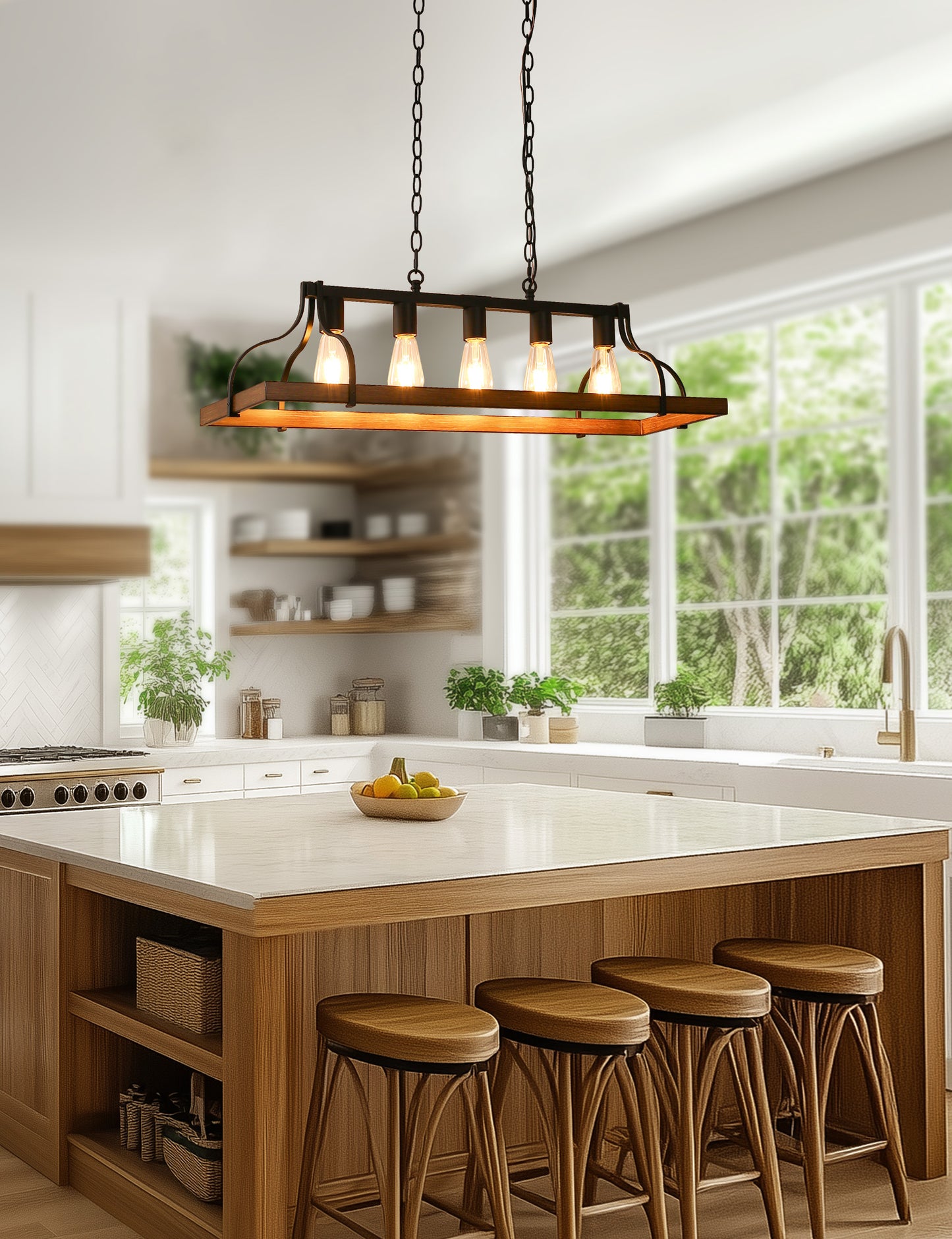 YANSUN 5-Light Island Pendant Light, Brown Metal Frame, Non-Integrated Design, Bulbs Not Included