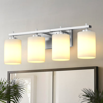 YANSUN 24 in. 4-Light Nickel Bathroom Vanity Light with Cylinder Frosted Glass Shade for Powder Room or Dressing Room