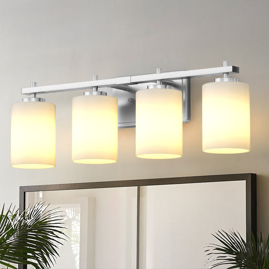 YANSUN 24 in. 4-Light Nickel Bathroom Vanity Light with Cylinder Frosted Glass Shade for Powder Room or Dressing Room