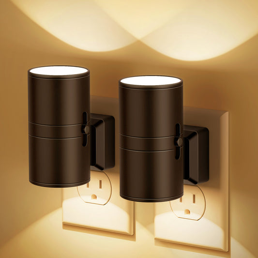 YANSUN 2-Pack 1W Plug-in Dimmable Night Lights with Auto Light Control, Cylindrical Wall Sconce Style, Black Finish
