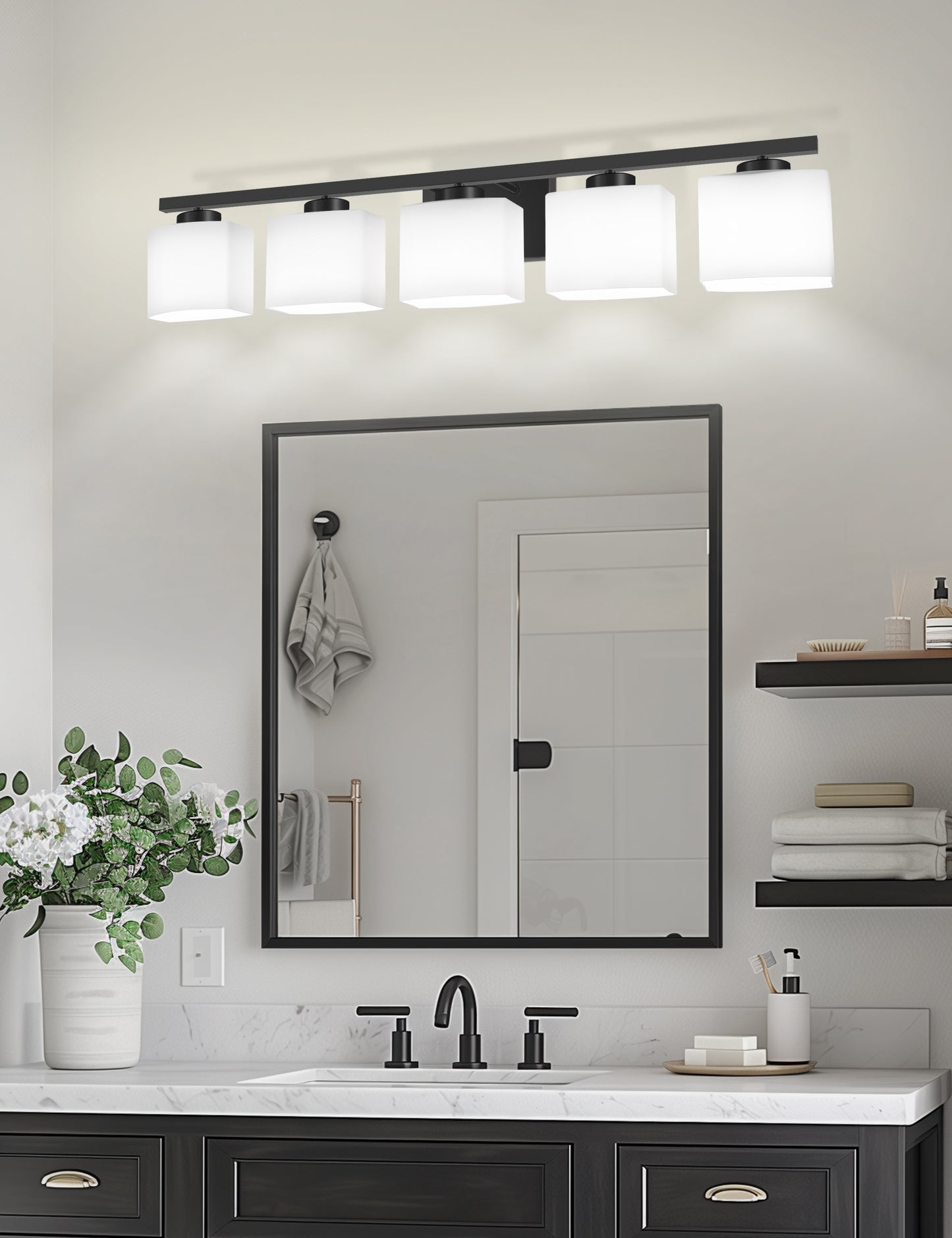 YANSUN 40 in. 5 Light Matte Black Vanity Light with White Glass Shades for Bathroom and No Bulbs Included