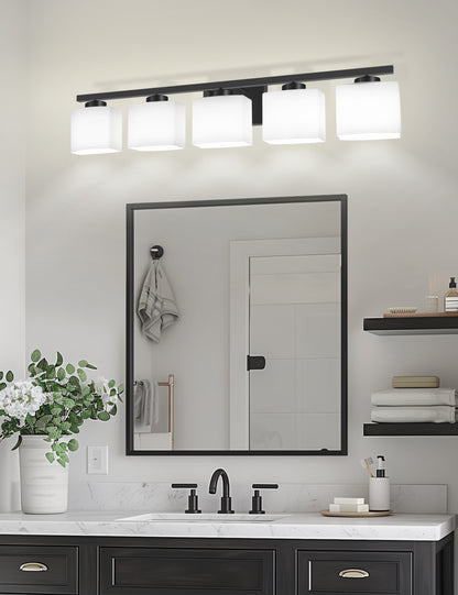 YANSUN 40 in. 5 Light Matte Black Vanity Light with White Glass Shades for Bathroom and No Bulbs Included
