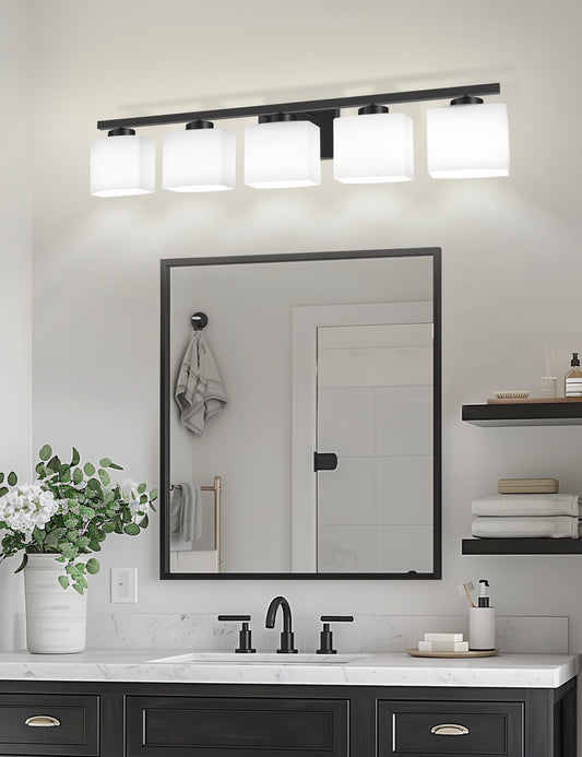 YANSUN 40 in. 5 Light Matte Black Vanity Light with White Glass Shades for Bathroom and No Bulbs Included