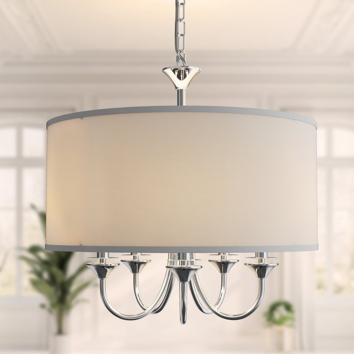 YANSUN 80.5 in. 5-Light Silver Drum Chandelier Modern Branch Arm Pendant Light E12 Base for Dining Room Kitchen Living Room