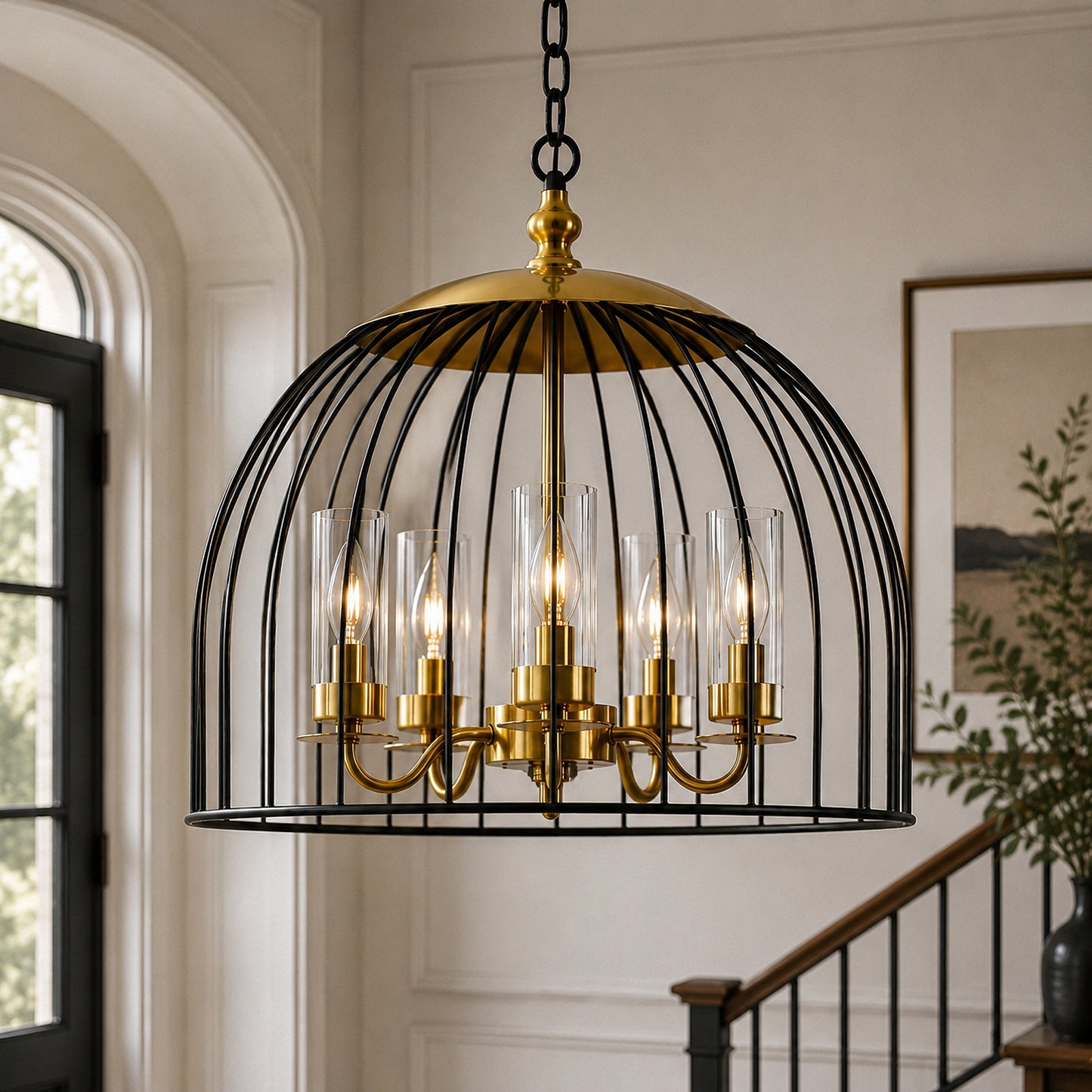 YANSUN 5-Light Black and Gold Dome Pendant Light Chandelier, E12 Base, Stylish Ceiling Fixture for Kitchen or Dining