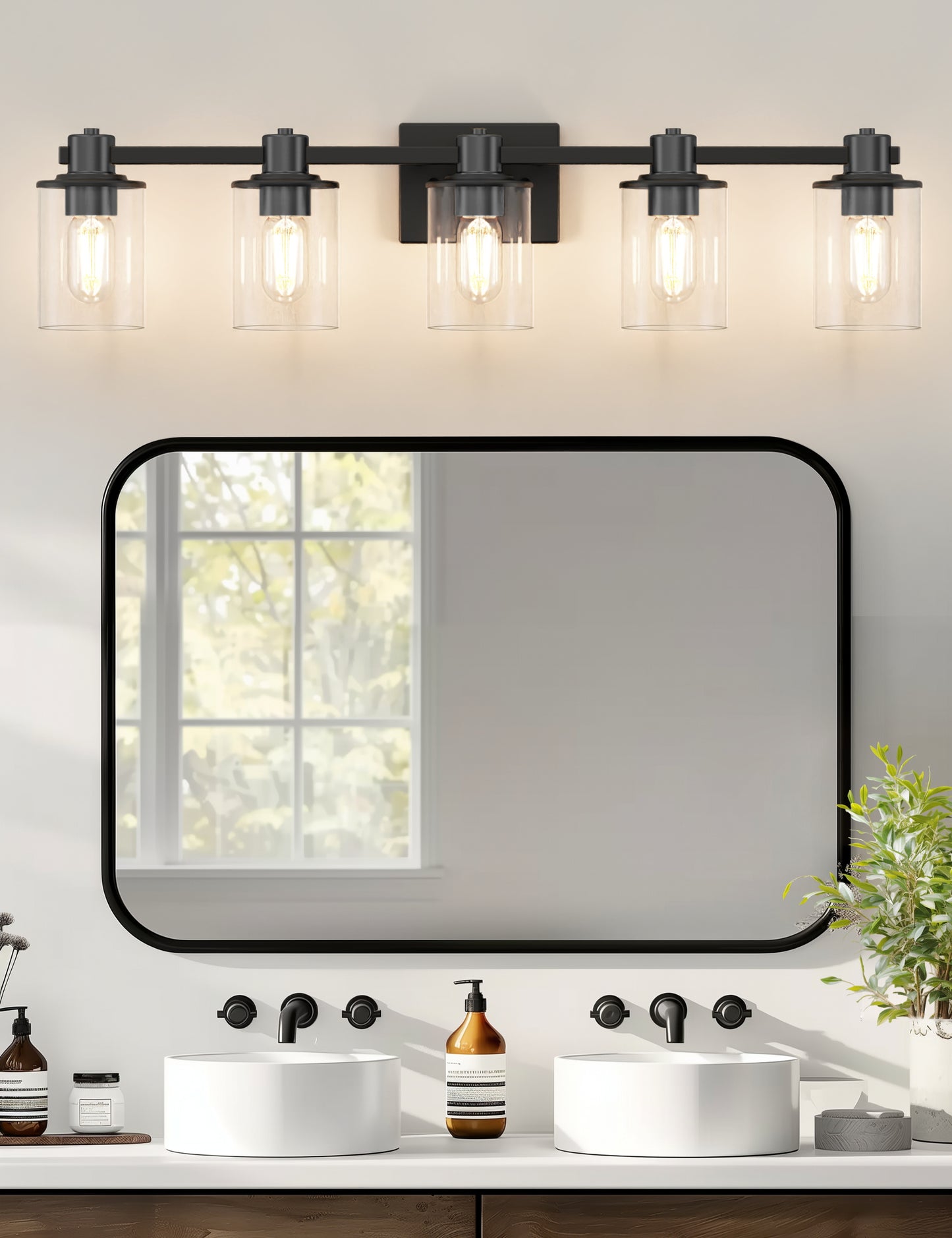 YANSUN 32 in. 5-Light Black Metal Vanity Light with Clear Glass Shade and No Bulbs Included