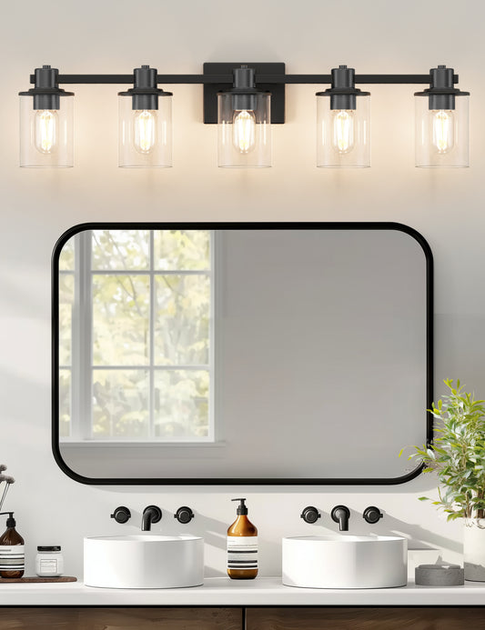 YANSUN 32 in. 5-Light Black Metal Vanity Light with Clear Glass Shade and No Bulbs Included