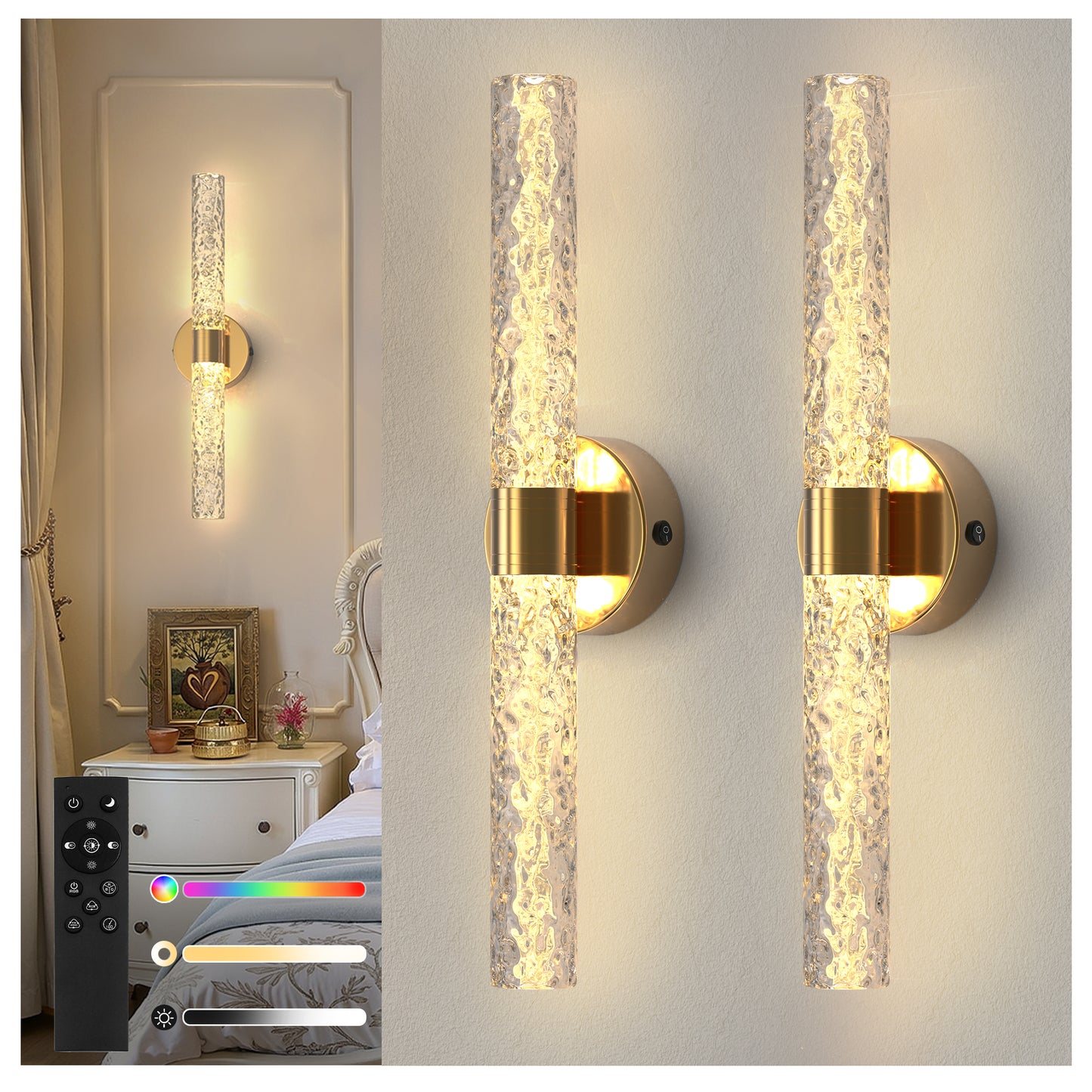 YANSUN Set of 2 Stone-Texture Glass Linear LED Indoor Wall Lights, Copper Finish, Integrated LED, RGBCW