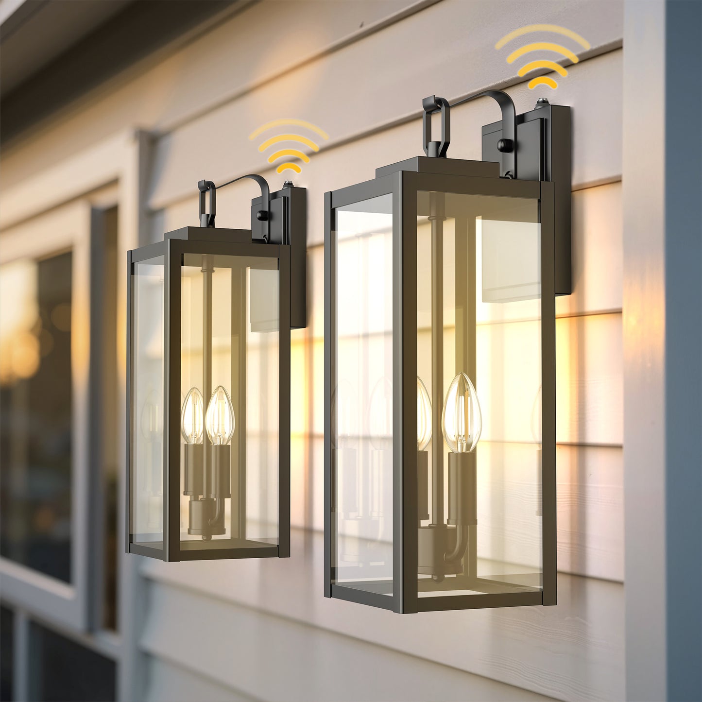YANSUN 2-Pack Black Lantern Outdoor Wall Sconce with Motion Sensor and Clear Glass, E26 Base, IP23, No Bulbs Included