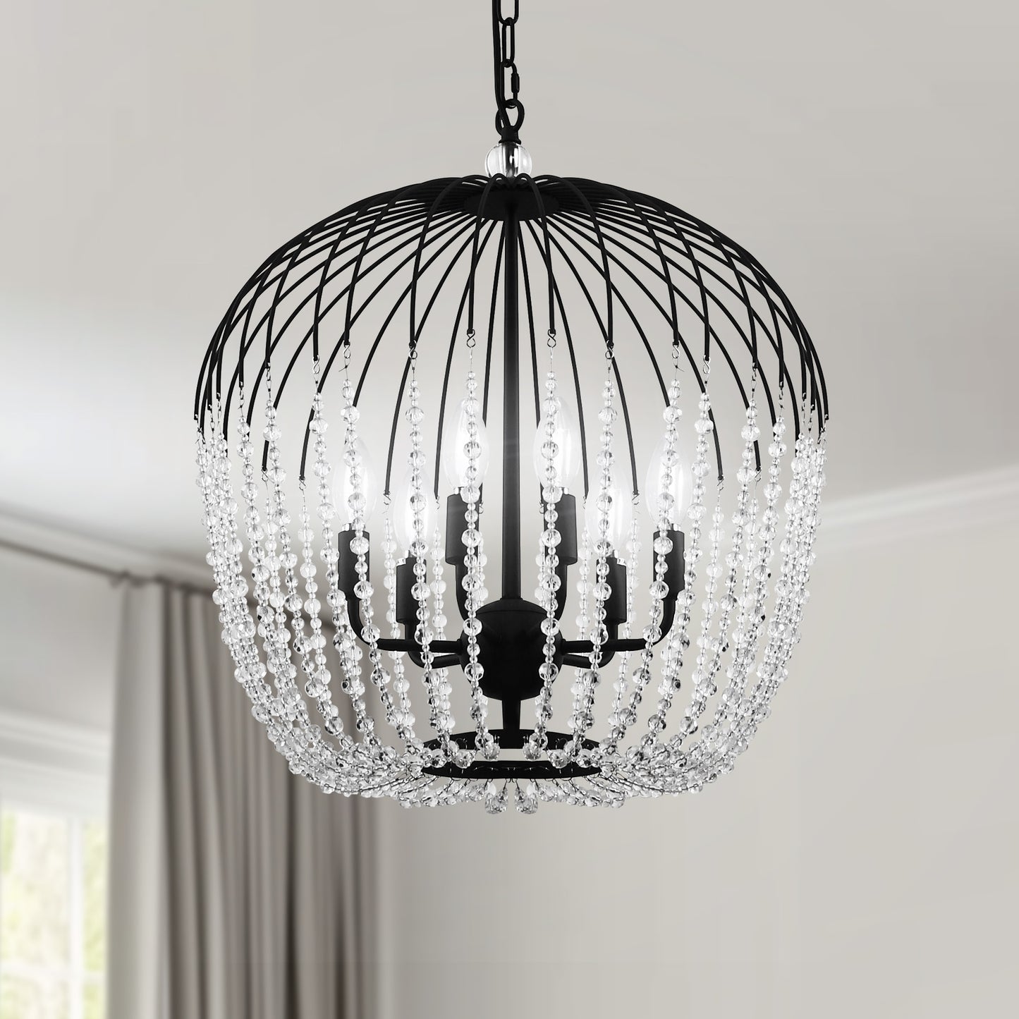 YANSUN 6-Light Black Crystal Pendant Light, Modern Statement Chandelier with E12 Base for Living Room or Dining Room
