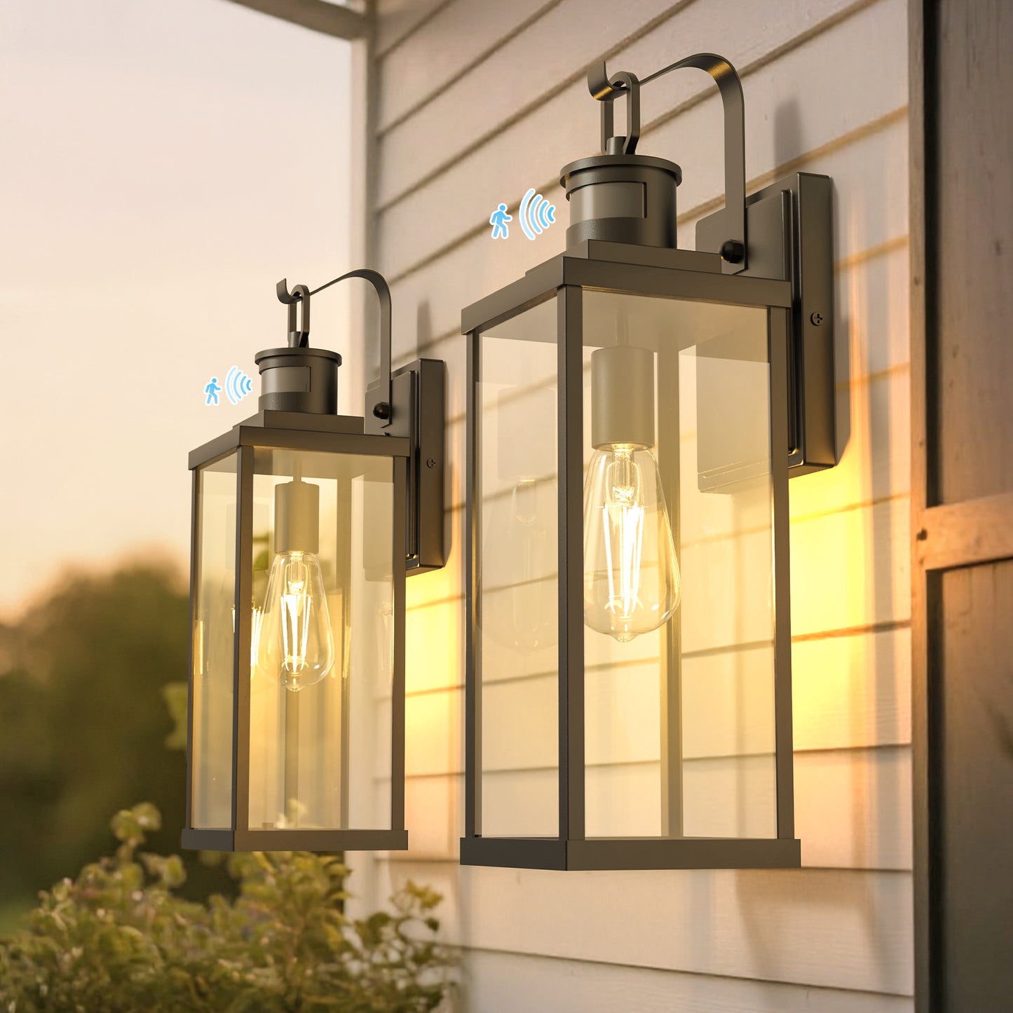 YANSUN Modern 18 in. 1-Light Black Outdoor Wall Sconce with Glass Shade, Dusk to Dawn and Motion Sensor, 2-Pack