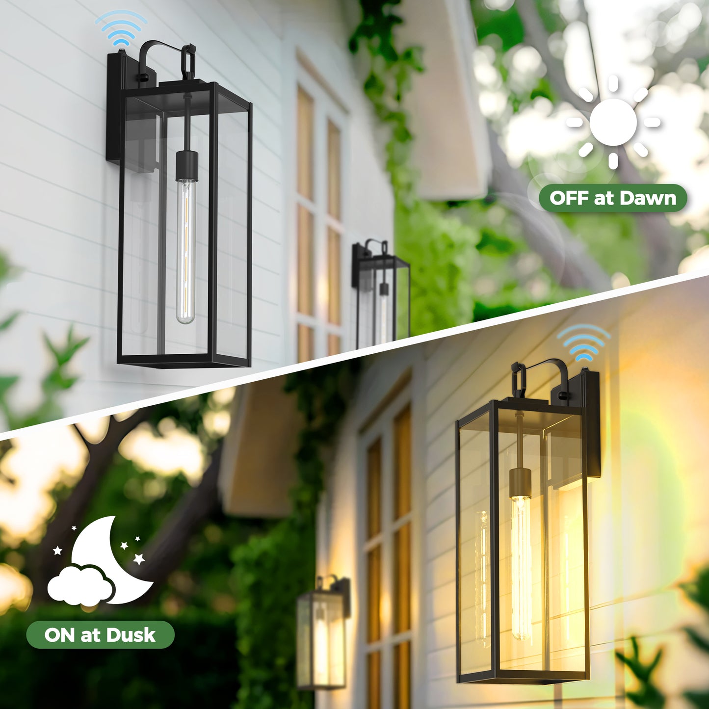 YANSUN Set of 2 Outdoor Wall Lanterns with Clear Glass Shade, Dusk-to-Dawn Sensor and 4 T30-225 Bbs, E26 Socket, 20 In. Height