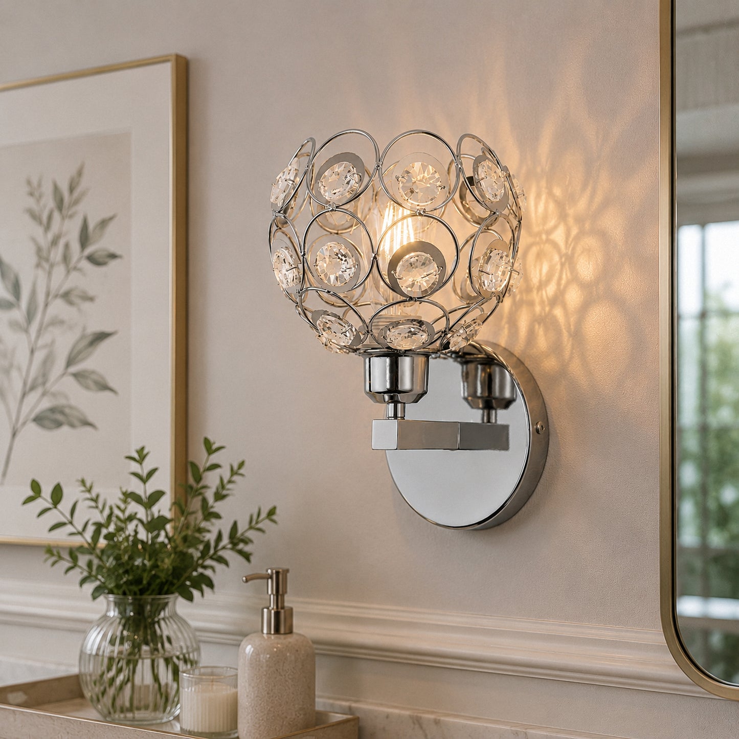 YANSUN Modern Crystal Round Wall Sconce E26 Indoor Wall Light Fixture Chrome Finish 1-Light Vanity Lamp