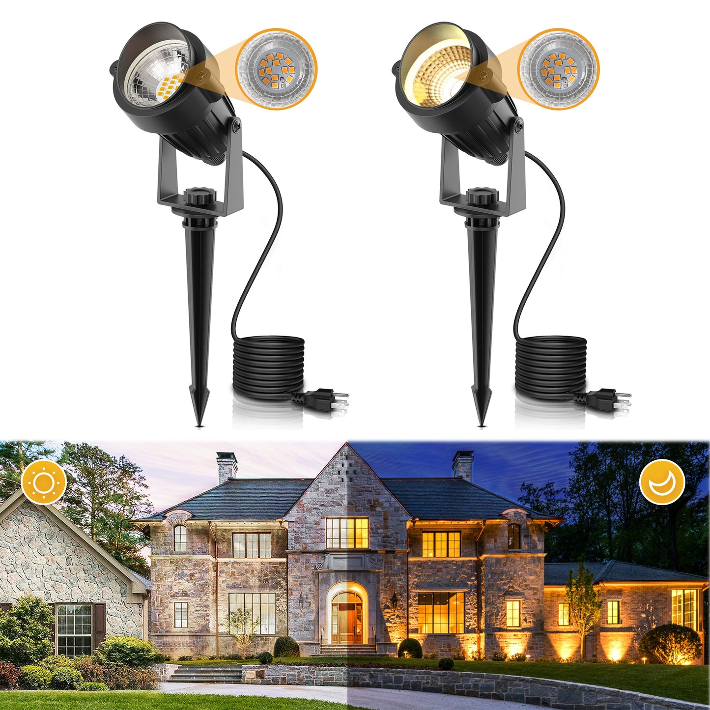 YANSUN 2-Pack Dusk-to-Dawn Outdoor LED Spotlights - IP66 Waterproof 8.27in Stake, UL 3-Prong Cord, 5W 450LM 2700K Warm Glow for Yard
