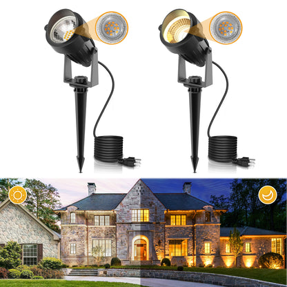 YANSUN 2-Pack Dusk-to-Dawn Outdoor LED Spotlights - IP66 Waterproof 8.27in Stake, UL 3-Prong Cord, 5W 450LM 2700K Warm Glow for Yard