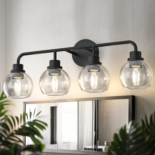 YANSUN 4-Light Black Vanity Light Fixture with Clear Globe Glass Shades Modern Bathroom Wall Sconce E26