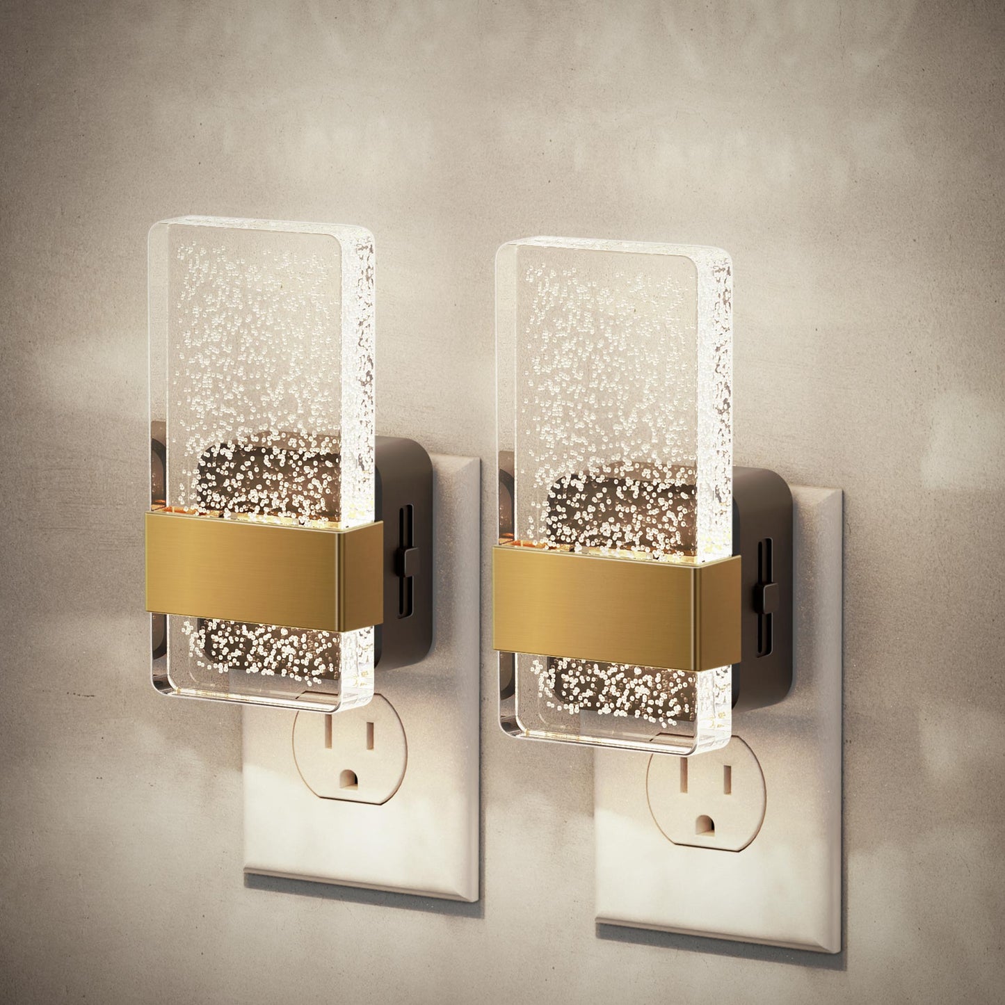 YANSUN 1-Watt Acrylic Square Column Plug-in LED Night Light with Sliding Dimmer, White Light 5000K, Black & Copper, 2-Pack