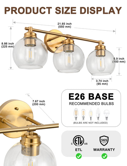 YANSUN 22 in. 3-Light Gold Bathroom Vanity Light Wall Sconce with Clear Glass Shades