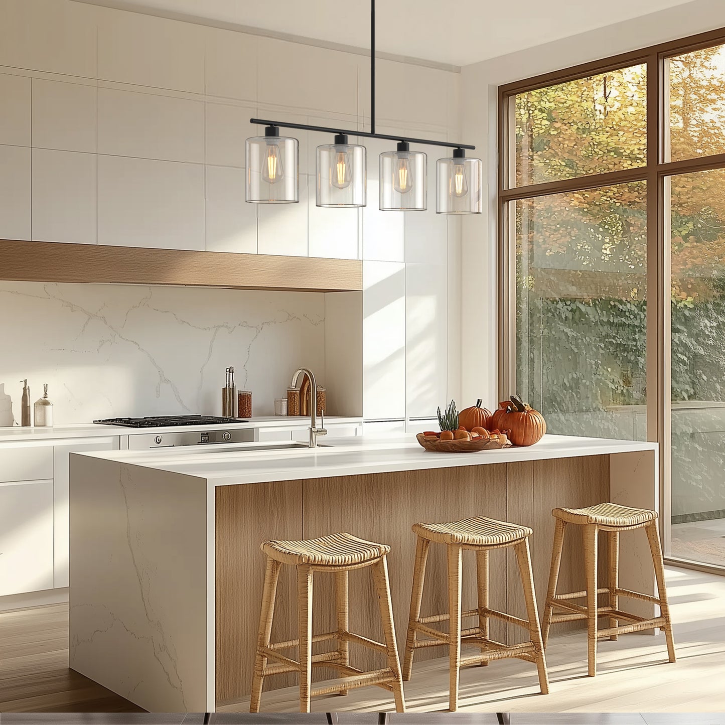 YANSUN 4-Light Island Pendant Light with Clear Glass Shades, Black Finish Hanging Fixture with E26 Base