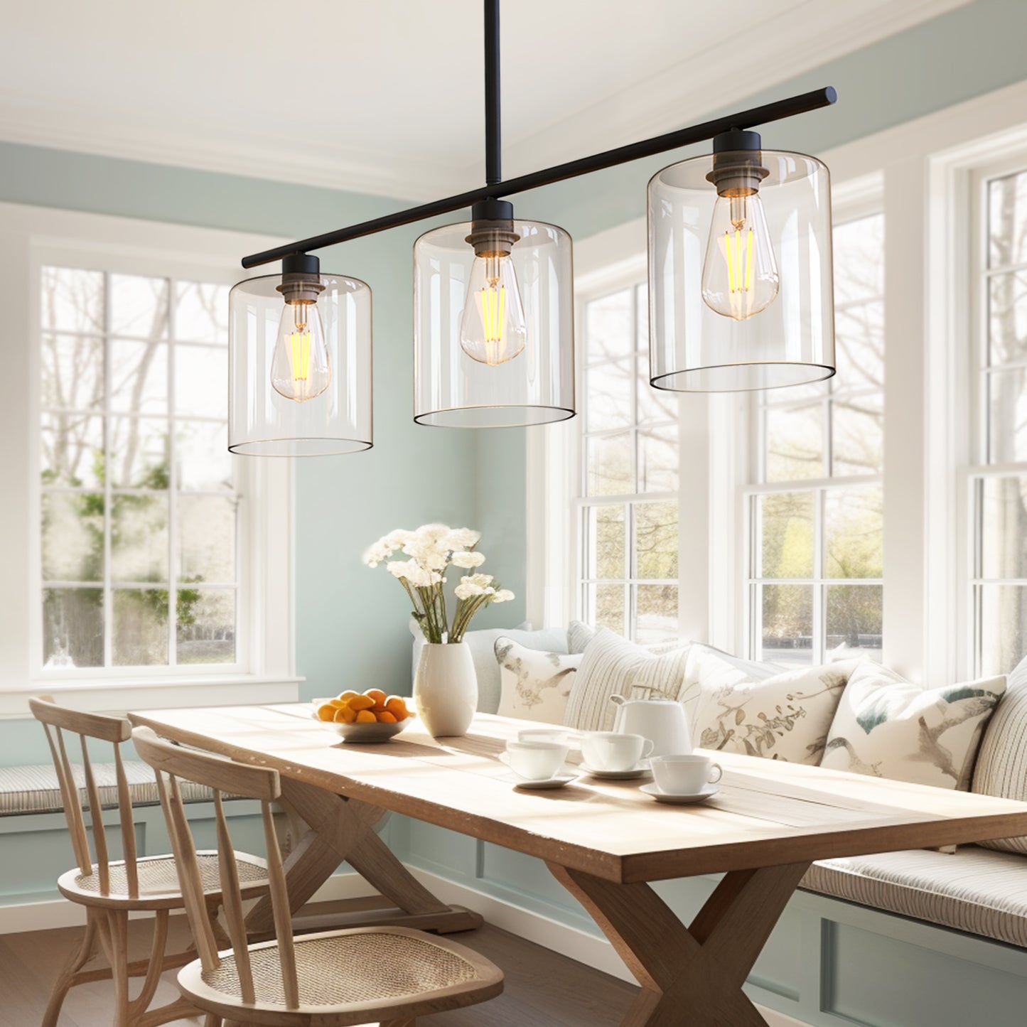 YANSUN Modern 3-Light Kitchen Island Pendant Light, Black Ceiling Fixture with Clear Glass Shades, E26 Hanging Rod Chandelier for Dining Room Kitchen Island