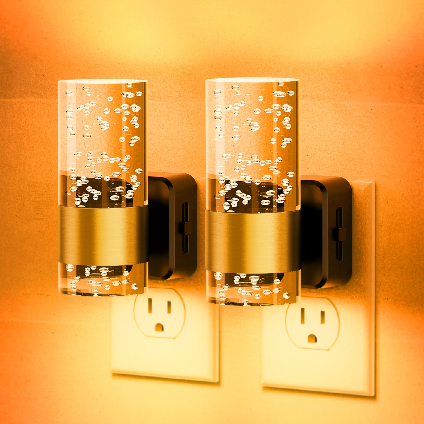 YANSUN 2-Pack 1W Plug-In Light Sensor Night Lights with Bubble Acrylic Column Design, Amber 1600K Light, Slide Dimming (0%-100%), US Plug